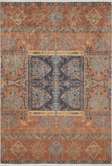 The Ancient Palace - Washable Rug - JR1864 (Custom Size) features an intricate central navy medallion on a richly patterned orange background, ornate gold and blue motifs, and a rust-orange border with geometric and floral designs—perfect for high-traffic areas.