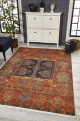 The Ancient Palace - Washable Rug - JR1864 (Custom Size) with vibrant red, blue, orange, and gold patterns adds color to a light wood floor by a white cabinet, making this modern room inviting and ideal for high-traffic areas.