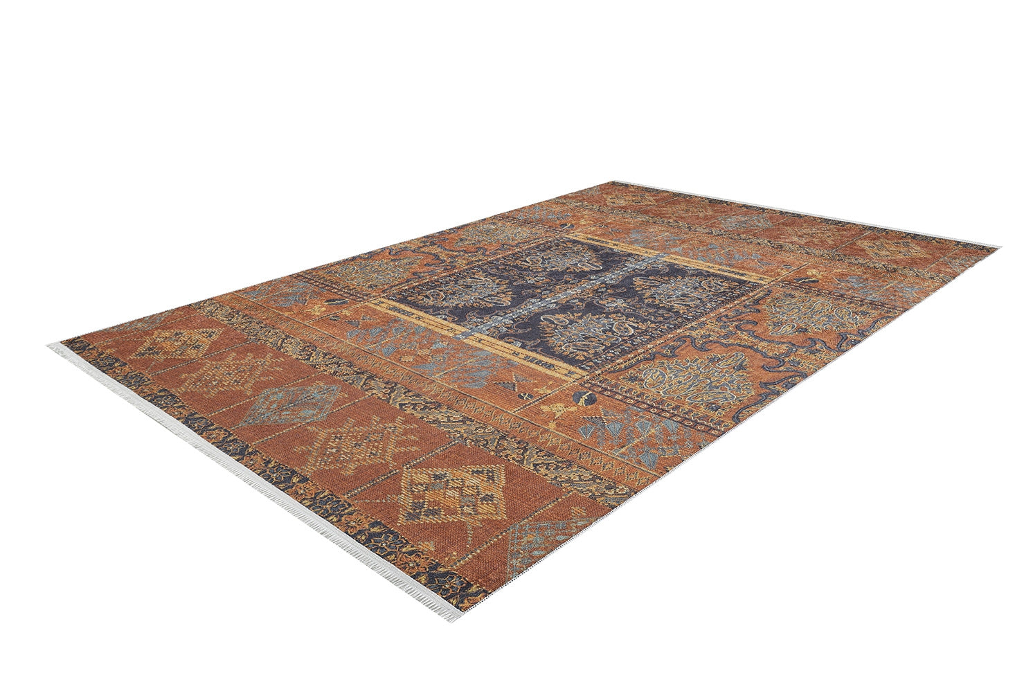 The Ancient Palace - Washable Rug - JR1864 (Custom Size) features a rectangular oriental design with a navy blue center, intricate orange, gold, and light blue patterns, and short white fringe—ideal for high-traffic areas.