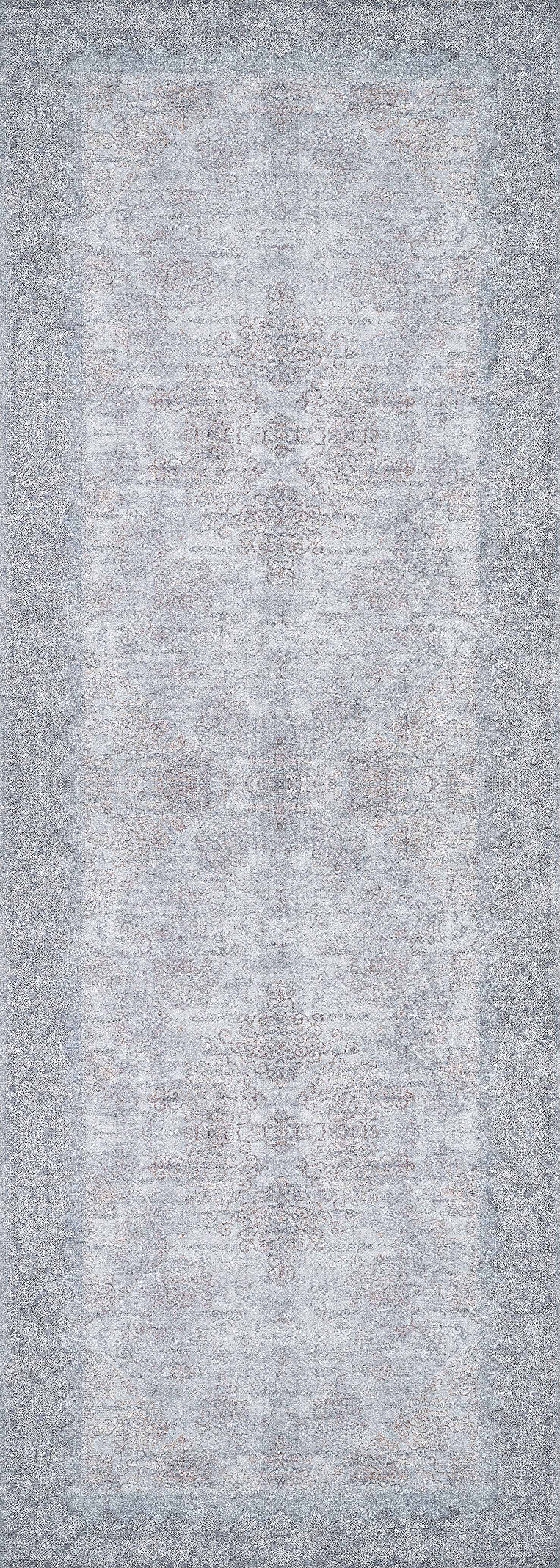 The Ancient Treasure - Washable Rug - JR1785 features a faded, intricate pattern in light gray, blue, and beige with a symmetrical design and ornate dark border—washable and perfect for high-traffic areas.