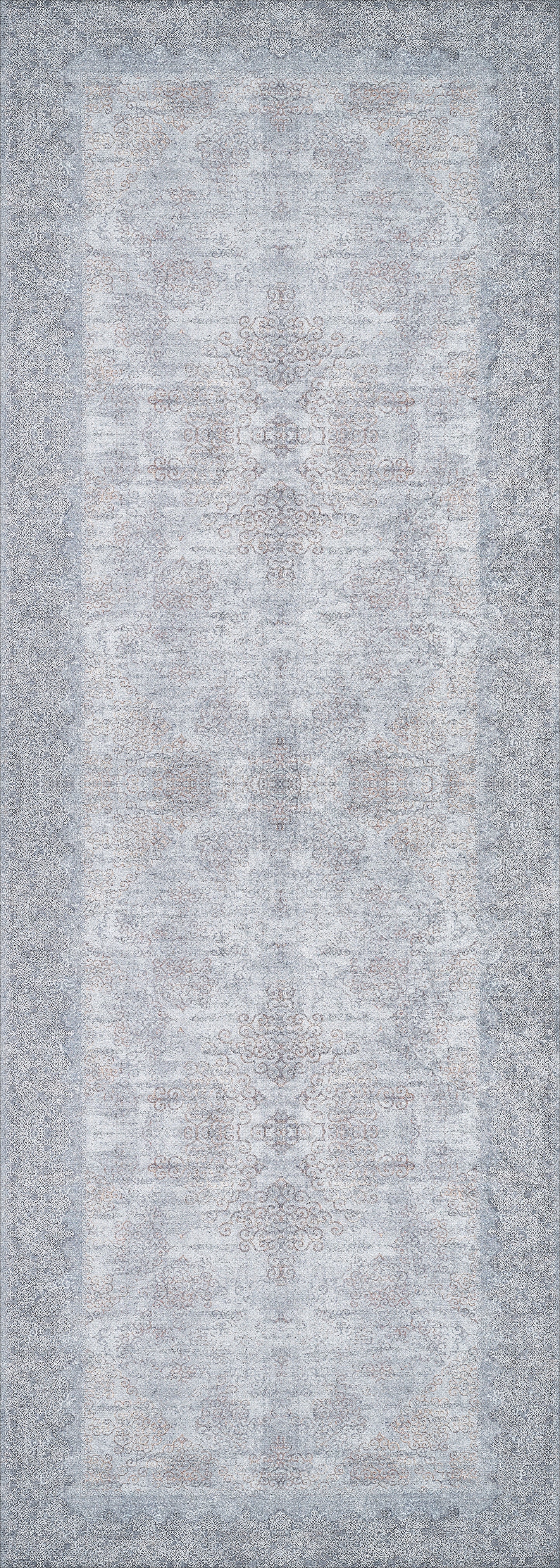 The Ancient Treasure - Washable Rug - JR1785 features a faded, intricate pattern in light gray, blue, and beige with a symmetrical design and ornate dark border—washable and perfect for high-traffic areas.