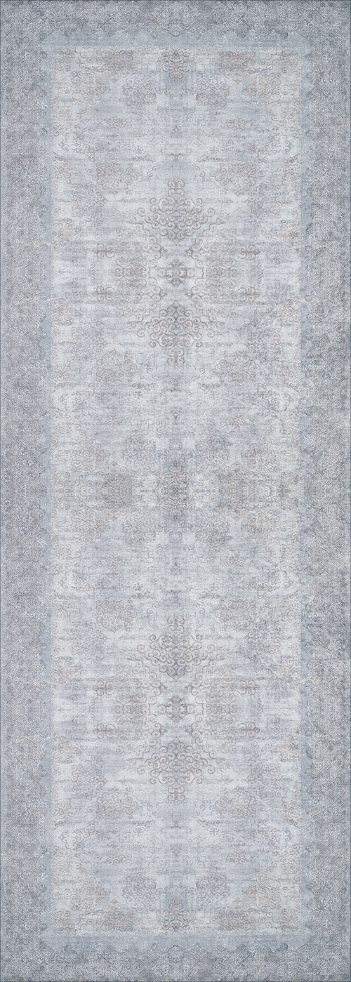 Load image 1 in gallery view. The Ancient Treasure - Washable Rug - JR1785 features a faded, intricate pattern in light gray, blue, and beige with a symmetrical design and ornate dark border—washable and perfect for high-traffic areas.