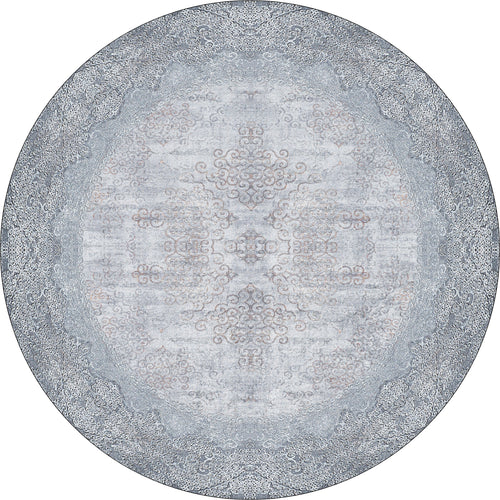Load image 1 in gallery view. The Ancient Treasure - Washable Rug - JR1785 is an oval blue rug with ornate gray and blue patterns, intricate swirls, floral motifs, and a decorative border—perfect for high-traffic areas.