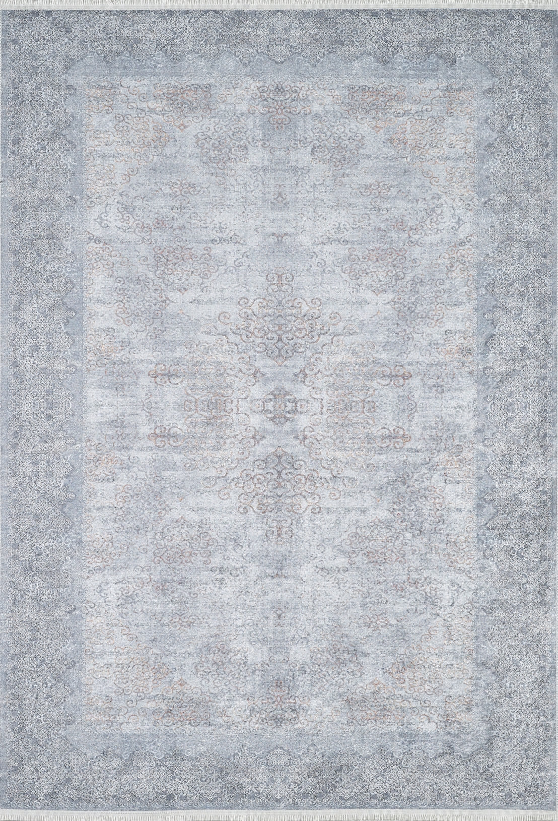 The Ancient Treasure - Washable Rug - JR1785 (Custom Size) features a faded blue and grey vintage pattern with a central medallion, combining intricate style and practicality—ideal for high-traffic areas.