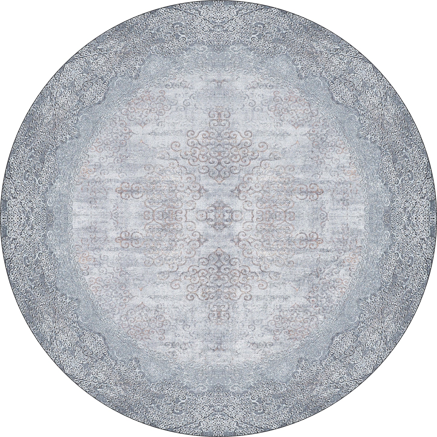The Ancient Treasure - Washable Rug - JR1785 (Custom Size) is an oval rug with intricate floral and scrollwork patterns in soft gray and white, a detailed border, and vintage elegance—perfect for high-traffic spaces.