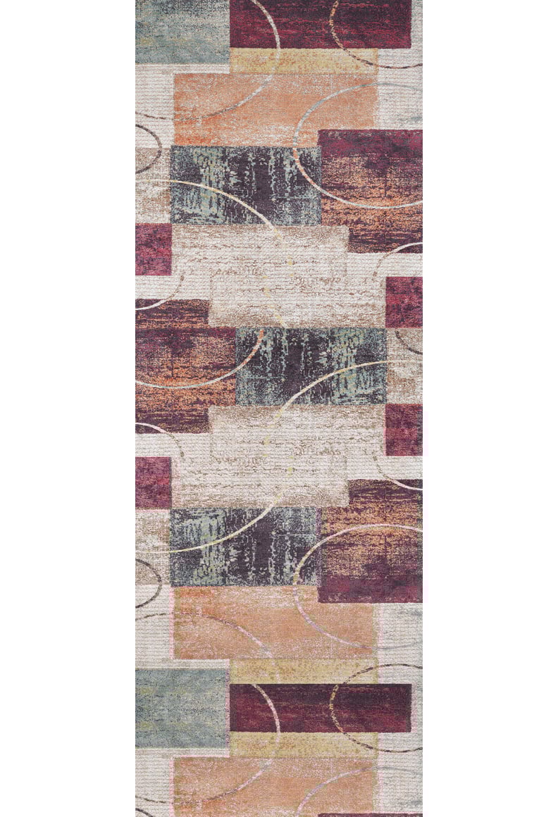 The Angular Beauty - Washable Rug (JR2002) is a rectangular multicolor rug featuring a modern geometric pattern with overlapping rectangles in burgundy, teal, beige, and tan—ideal for high-traffic areas.