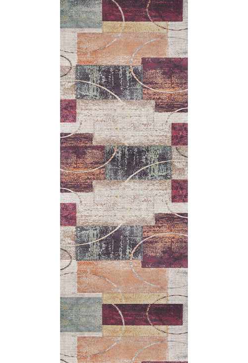 Load image 1 in gallery view. The Angular Beauty - Washable Rug (JR2002) is a rectangular multicolor rug featuring a modern geometric pattern with overlapping rectangles in burgundy, teal, beige, and tan—ideal for high-traffic areas.