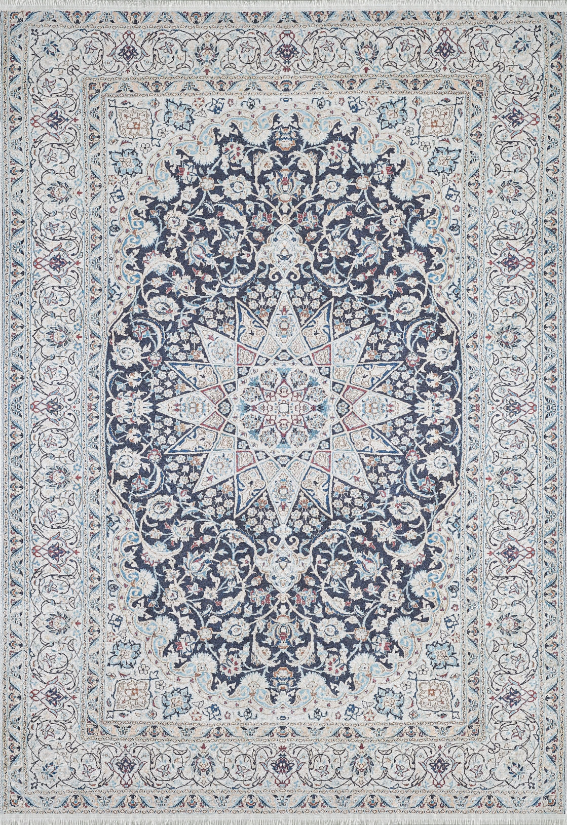 The Antique Enchantment - Washable Rug - JR1686 (Custom Size) features an intricate central star medallion in dark blue, surrounded by detailed blue, gray, and beige floral and vine patterns on a light background with matching ornate borders.