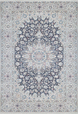 The Antique Enchantment - Washable Rug - JR1686 (Custom Size) features an intricate central star medallion in dark blue, surrounded by detailed blue, gray, and beige floral and vine patterns on a light background with matching ornate borders.