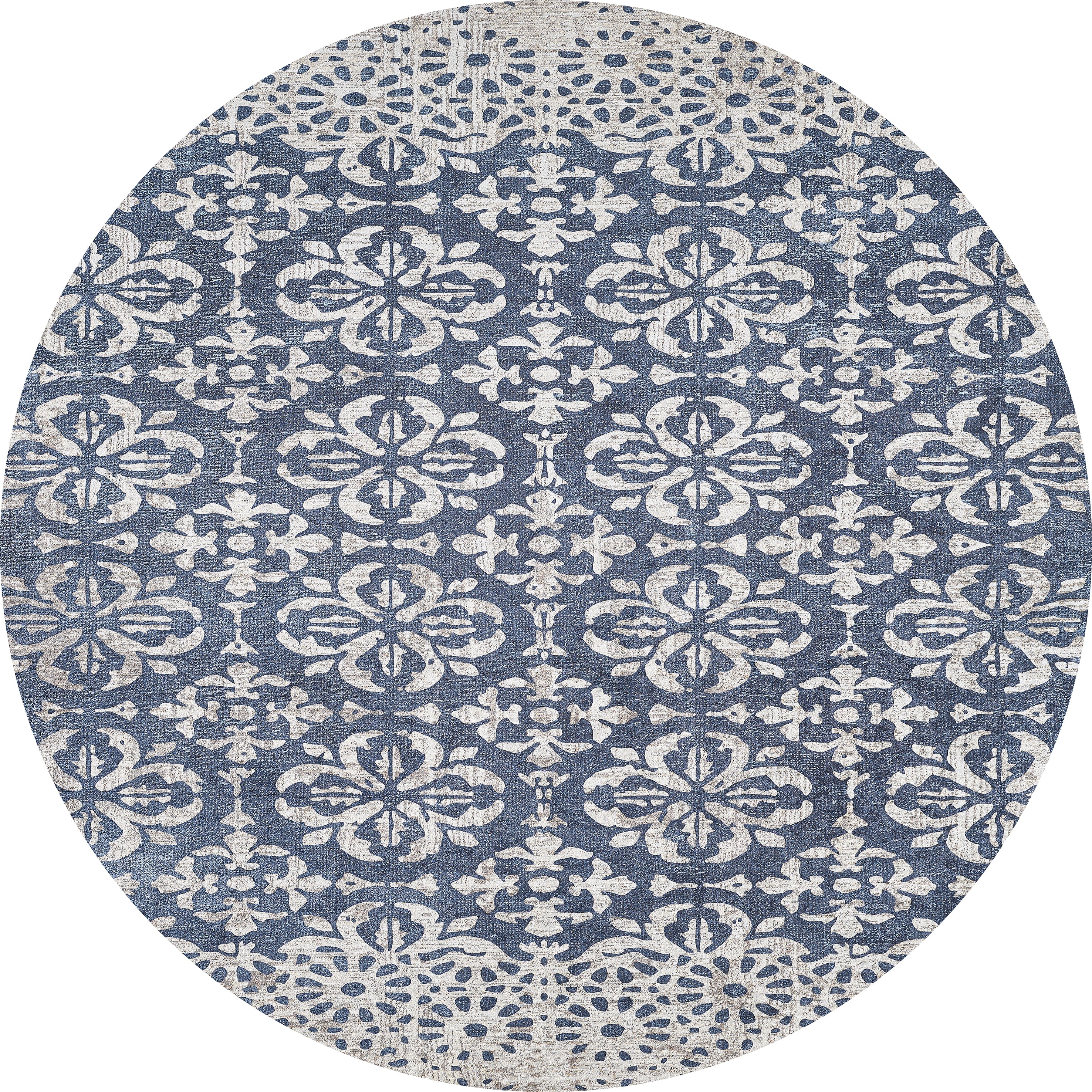 The Antique Flourish - Washable Rug - JR1591 is an oval-shaped blue rug with elegant white floral and geometric patterns, offering a washable design that’s perfect for high-traffic areas.