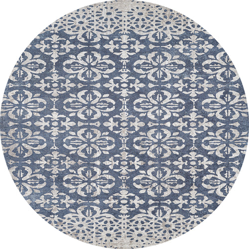 Load image 1 in gallery view. The Antique Flourish - Washable Rug - JR1591 is an oval-shaped blue rug with elegant white floral and geometric patterns, offering a washable design that’s perfect for high-traffic areas.