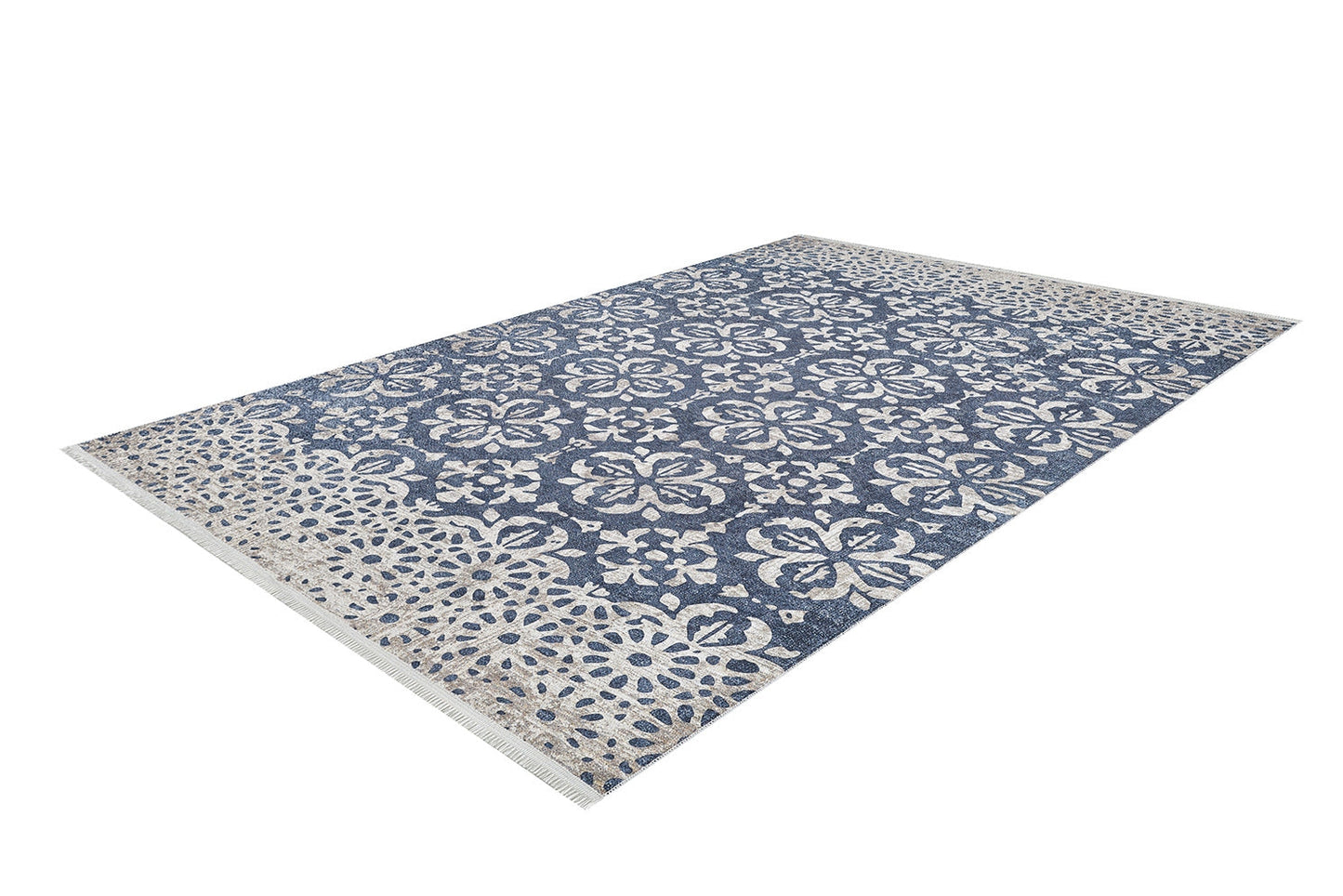 The Antique Flourish - Washable Rug - JR1591 (Custom Size) is a rectangular blue and white rug with intricate floral and geometric patterns, detailed borders, and fringed edges—ideal for high-traffic areas.