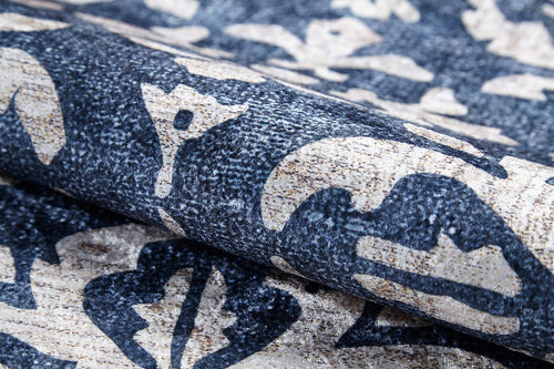 Load image 1 in gallery view. A close-up of the Antique Flourish - Washable Rug - JR1591 (Custom Size) in dark blue and beige, showcasing its floral and abstract patterns, texture, and weave—perfect for high-traffic areas needing washable rugs.