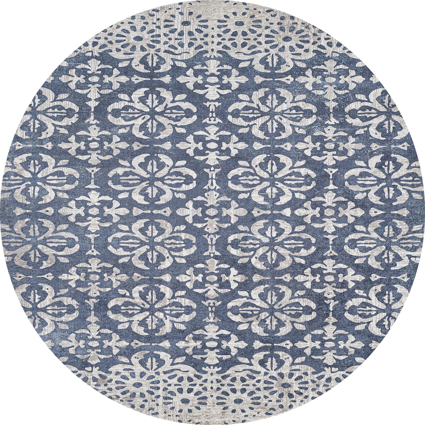 The Antique Flourish - Washable Rug - JR1591 (Custom Size) features an intricate blue and white floral and geometric pattern with symmetrical, slightly distressed designs—ideal for high-traffic areas.