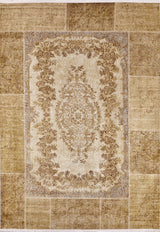 The Antique Insignia - Washable Rug - JR309 (Custom Size) is a rectangular, vintage-style rug with a central ornate floral medallion in beige and brown, plus a patchwork border—perfect for high-traffic areas.