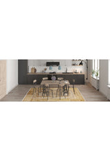 Modern kitchen with dark cabinets, light countertop, and open shelves. A wooden dining table for six rests on the Antique Insignia - Washable Rug - JR309 (Custom Size)—ideal for high-traffic areas. Pendant lights and large windows brighten the space.