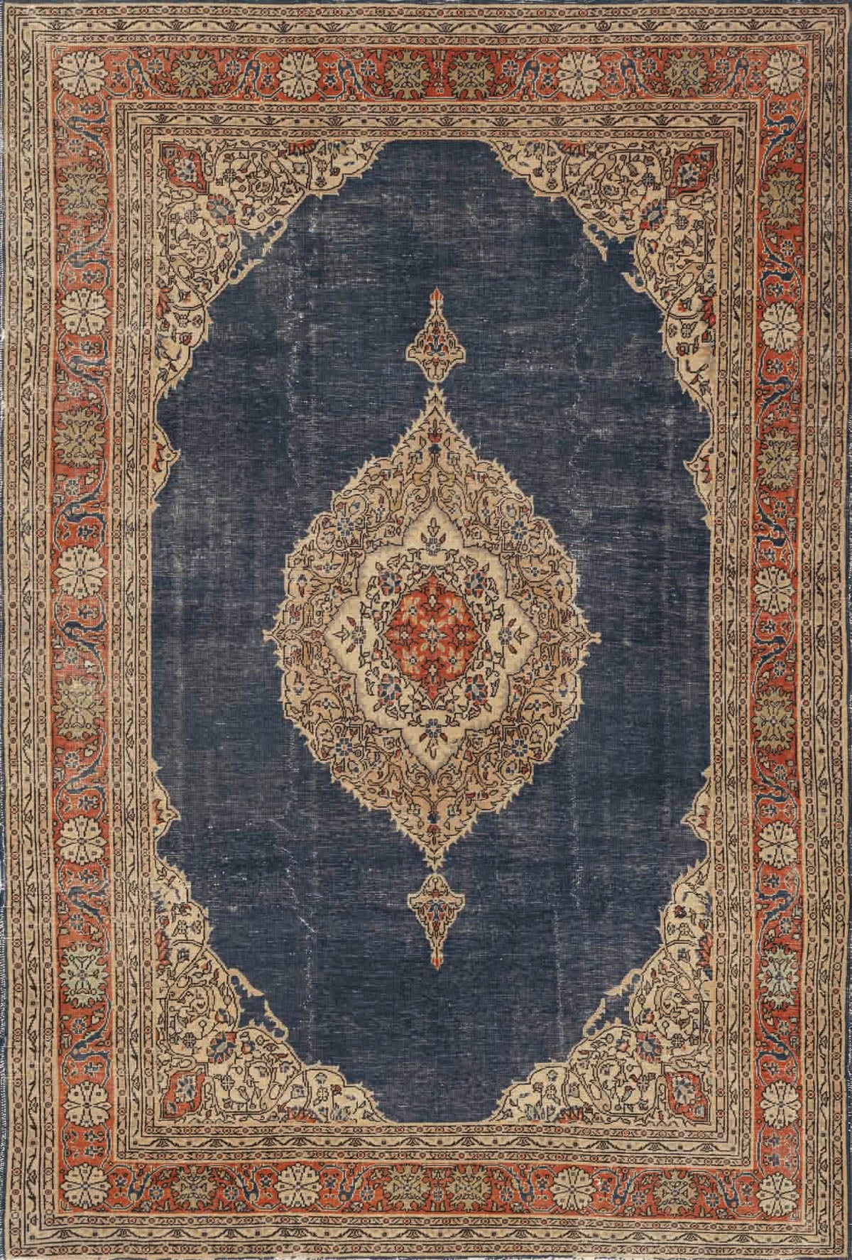 The Antique Symphony - Washable Rug (JRN1017) features a navy blue field, ornate cream and red medallion, coordinating corners, and an intricate red and cream floral border—perfect for enhancing classic interiors.