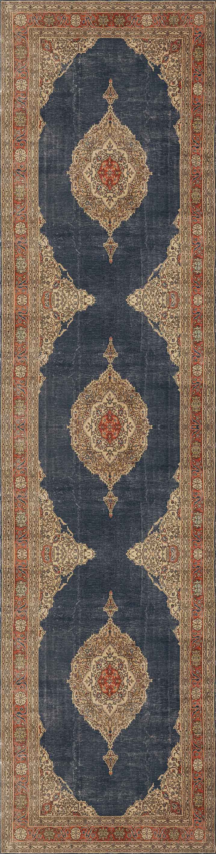 The Antique Symphony - Washable Rug (JRN1017) is an ornate rectangular Persian rug with a dark blue backdrop and three large vertical medallions. Detailed beige and red floral-geometric borders make it perfect for traditional interiors.