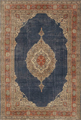 The Antique Symphony - Washable Rug - JRN1017 (Custom Size) showcases a dark blue field, cream and red medallions, ornate corner motifs, and a wide red floral border—bringing timeless elegance to your space.