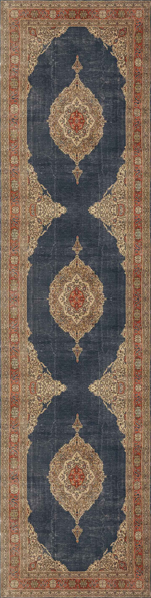 Load image 1 in gallery view. The Antique Symphony - Washable Rug - JRN1017 (Custom Size) features a rectangular navy blue background with three ornate beige and red medallions, framed by an intricate floral border in rich red, beige, and blue tones.