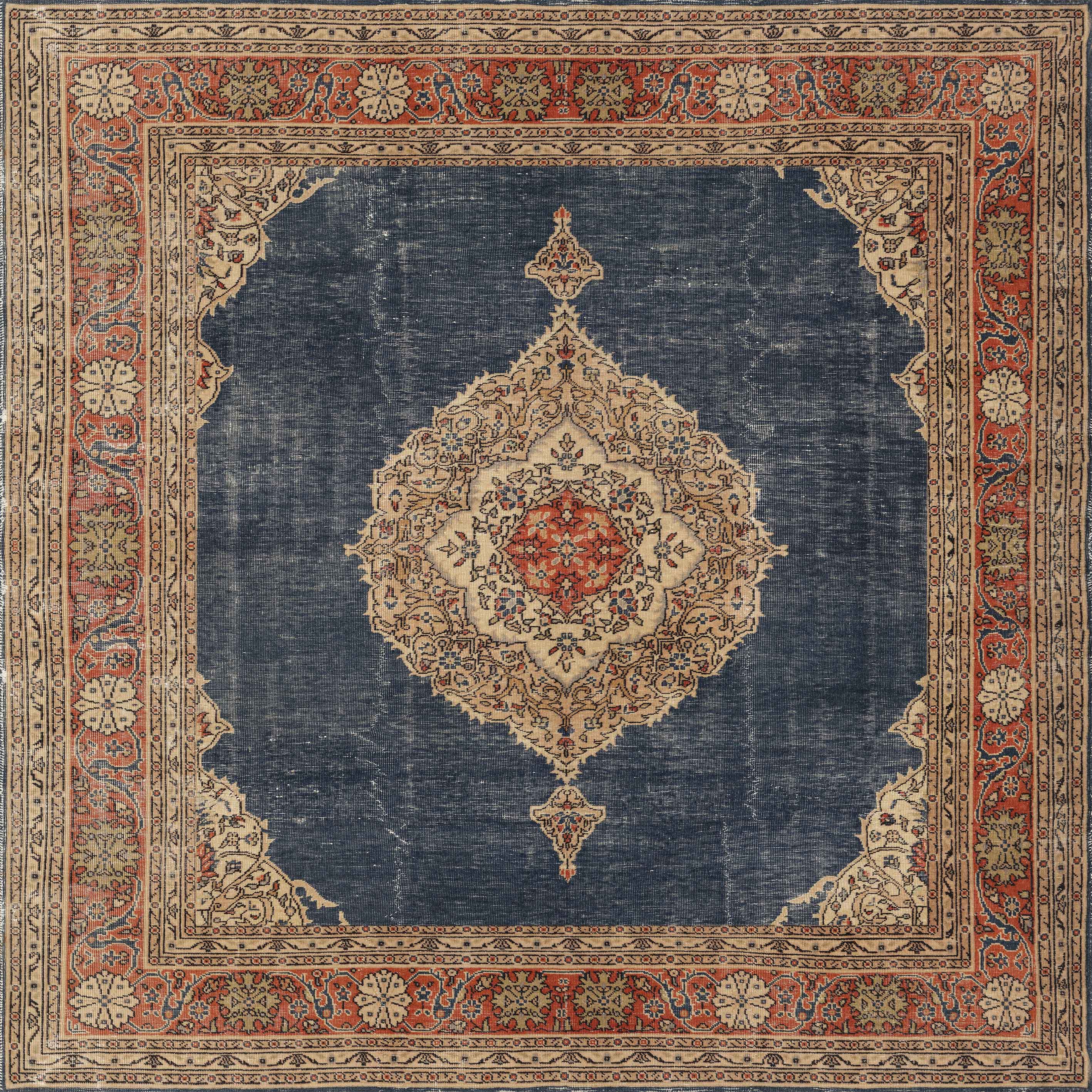 The Antique Symphony - Washable Rug - JRN1017 (Custom Size) features a square shape, deep blue background, ornate cream and red medallion, detailed floral motifs, and an intricate red, cream, and green symmetric border.