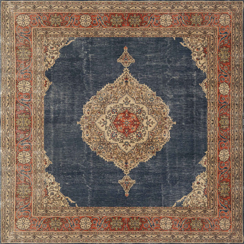Load image 1 in gallery view. The Antique Symphony - Washable Rug - JRN1017 (Custom Size) features a square shape, deep blue background, ornate cream and red medallion, detailed floral motifs, and an intricate red, cream, and green symmetric border.