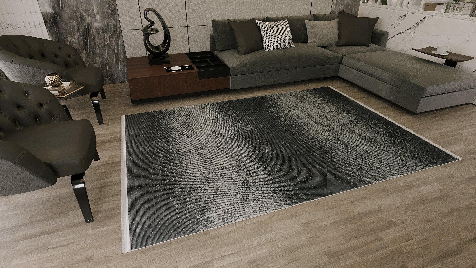 Modern living room with gray sectional, dark accent chairs, decorative pillows, wall art, a black abstract sculpture on a wooden side table, and the Antrachite Shadows Black Rug - M497A on light wood flooring.