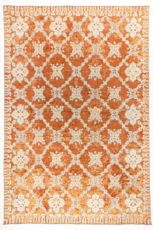 Bild 1 in Galerieansicht laden. Amber Trellis area rug with burnt orange field and ivory lattice pattern featuring distressed floral motifs
