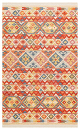 Aqua Flow - Kilim - NMD02 is a vibrant flatwoven polyester rug with allergy-friendly features, displaying geometric patterns in red, orange, yellow, blue, and beige—repeating diamonds and zigzags arranged in horizontal rows.