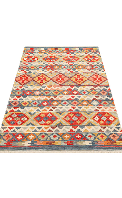 Load image 1 in gallery view. The Aqua Flow - Washable Reversible Kilim - NMD02 is a flat, rectangular Southwestern rug with colorful geometric diamonds and triangles in red, orange, blue, yellow, and white. It has short fringes on the ends and is easy to wash.