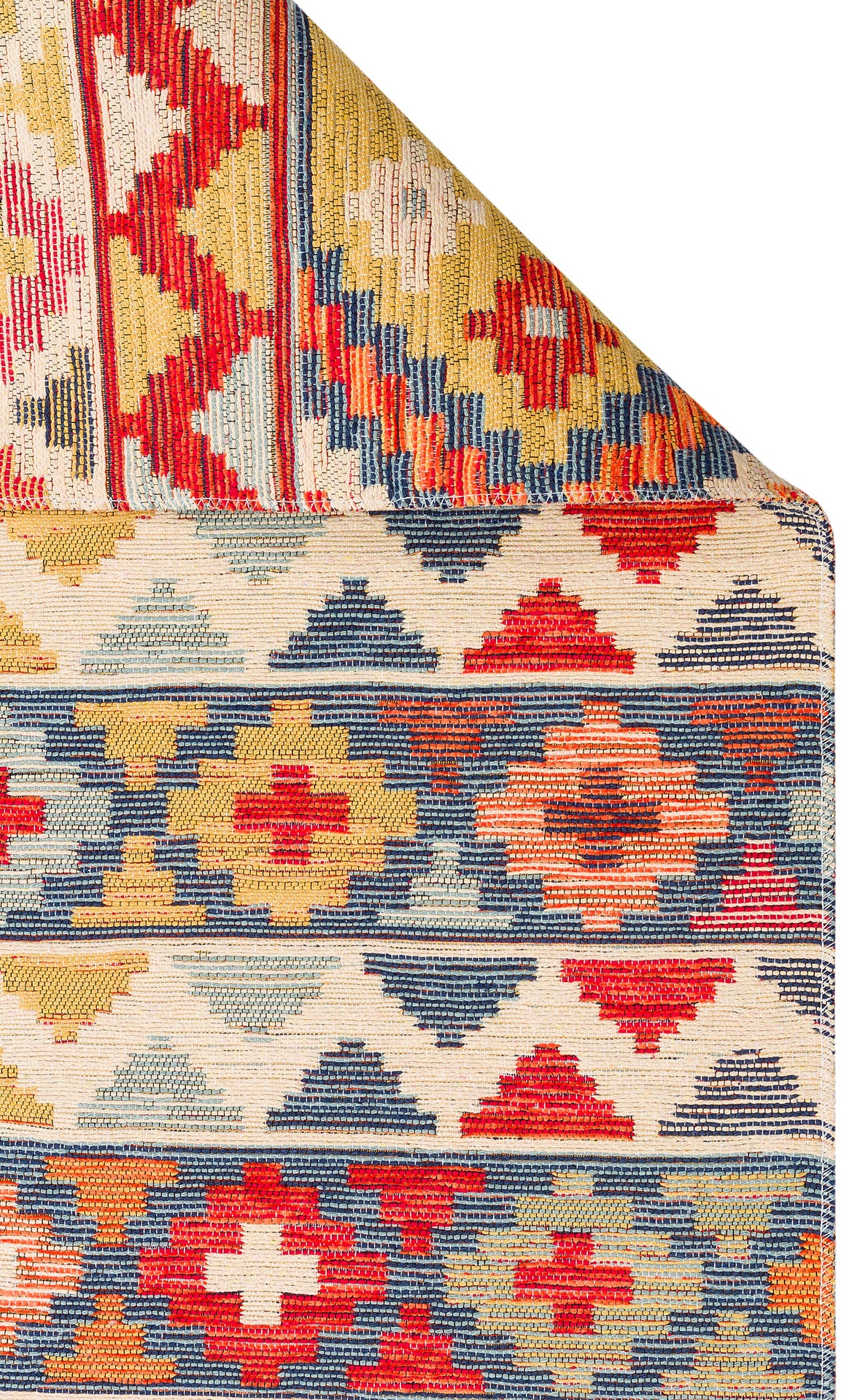 The Aqua Flow - Washable Reversible Kilim - NMD02 features a colorful Southwestern geometric diamond pattern in red, blue, yellow, and cream, partially folded at one corner to showcase its reversible design.