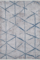 The Arabesque Trellis - Washable Rug - JR1732 (Custom Size) features a light beige background with an abstract geometric pattern of intersecting dark blue and gray lines—ideal for allergy-sensitive households or high-traffic areas.