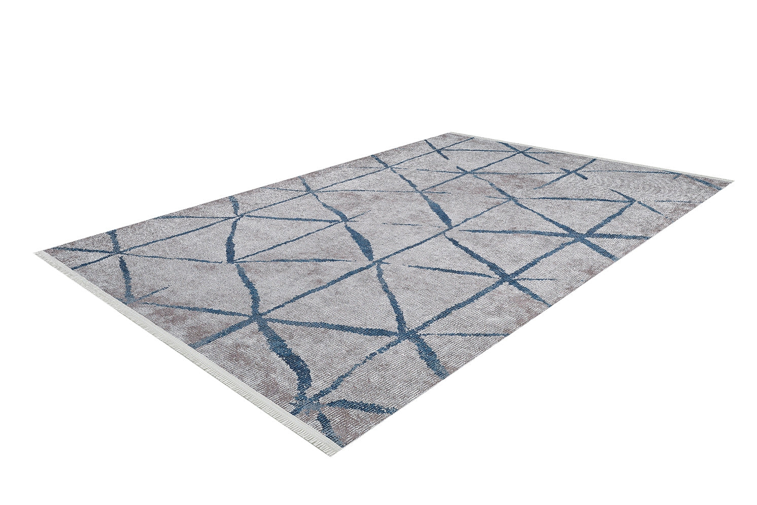 The Arabesque Trellis - Washable Rug - JR1732 (Custom Size) features a light gray background with an abstract blue crisscross design, making it ideal for high-traffic areas and shown here on a white background.