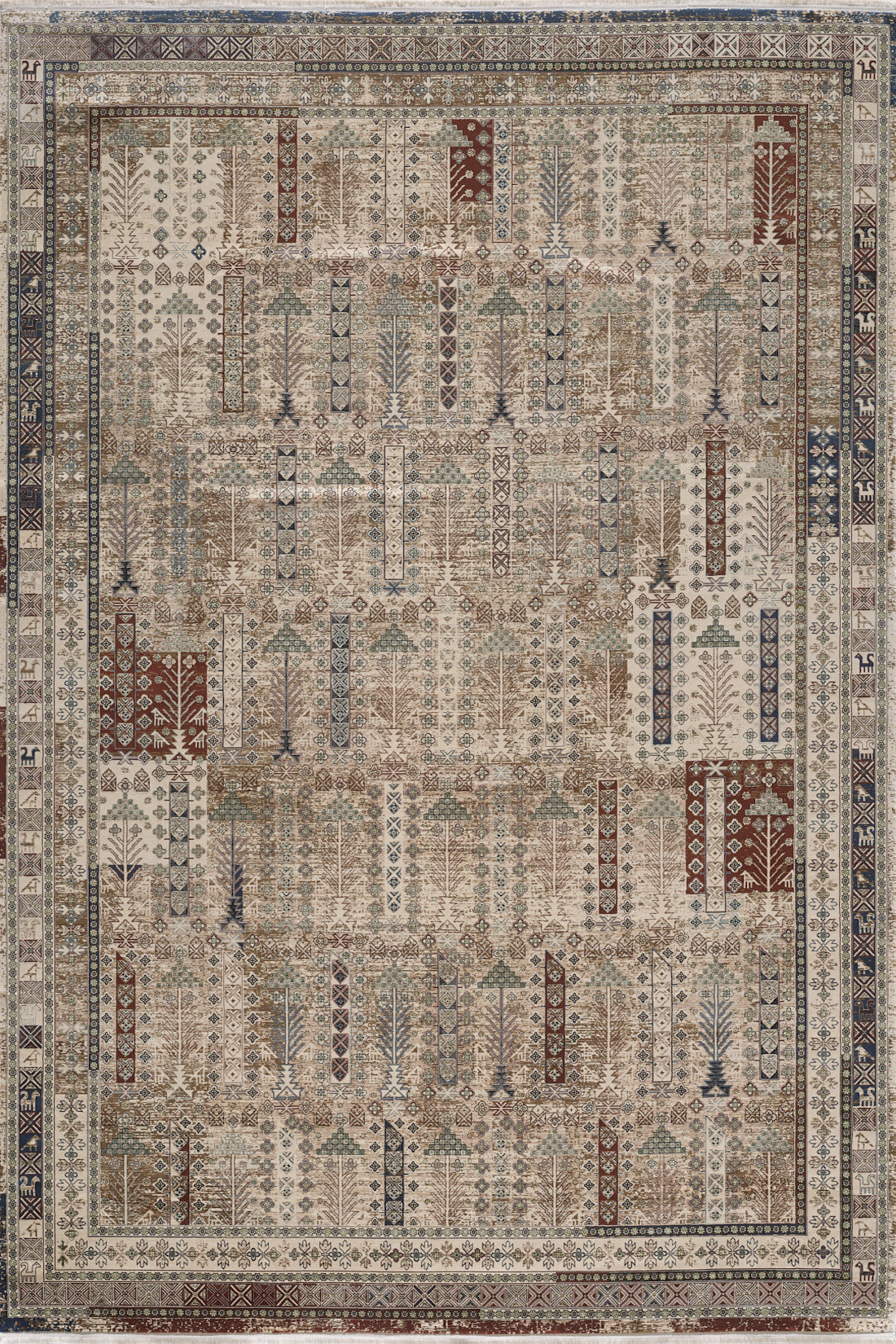 The Archery Elegance Premium Rug - Earthy - 2183B is a rectangular tribal rug with a detailed geometric pattern, stylized trees, and floral motifs in beige, brown, blue, and rust tones, framed by multiple intricate borders.