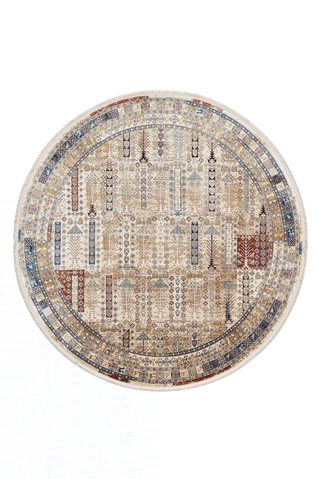 The Archery Elegance Premium Rug - Earthy - 2183B is a round, machine-made rug with detailed geometric and floral patterns in beige, brown, blue, and red tones, accented by a finely crafted border.