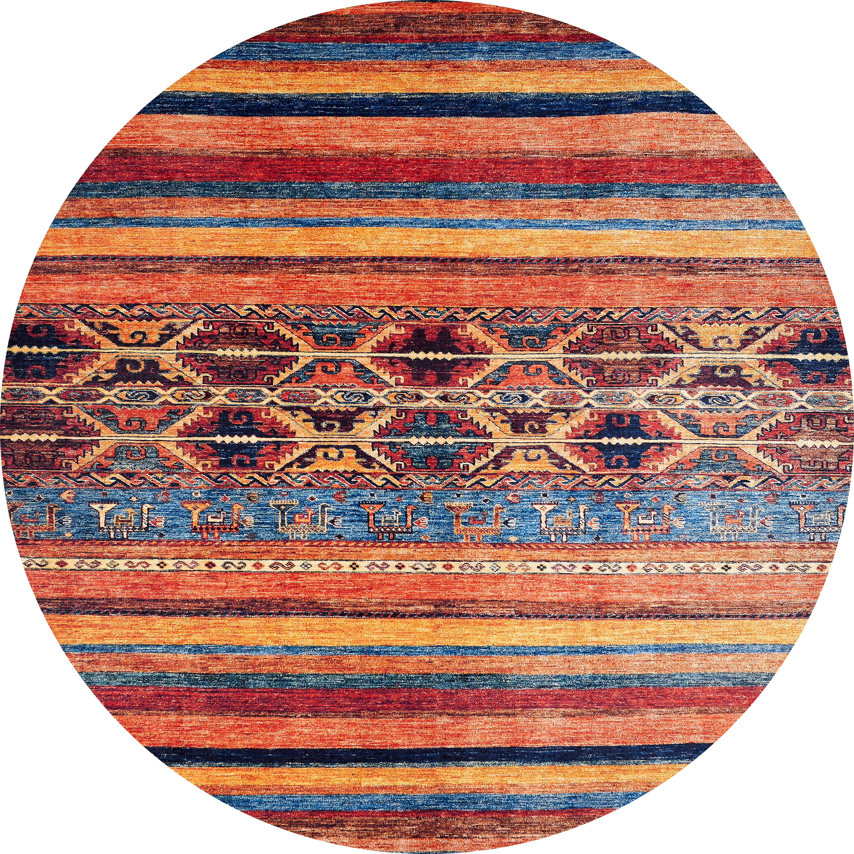 Arctic Chill - Washable Rug - JR860 features an oval shape with multicolor horizontal stripes in orange, blue, and red. Intricate geometric and animal patterns adorn the center, making it a stylish choice for busy areas.