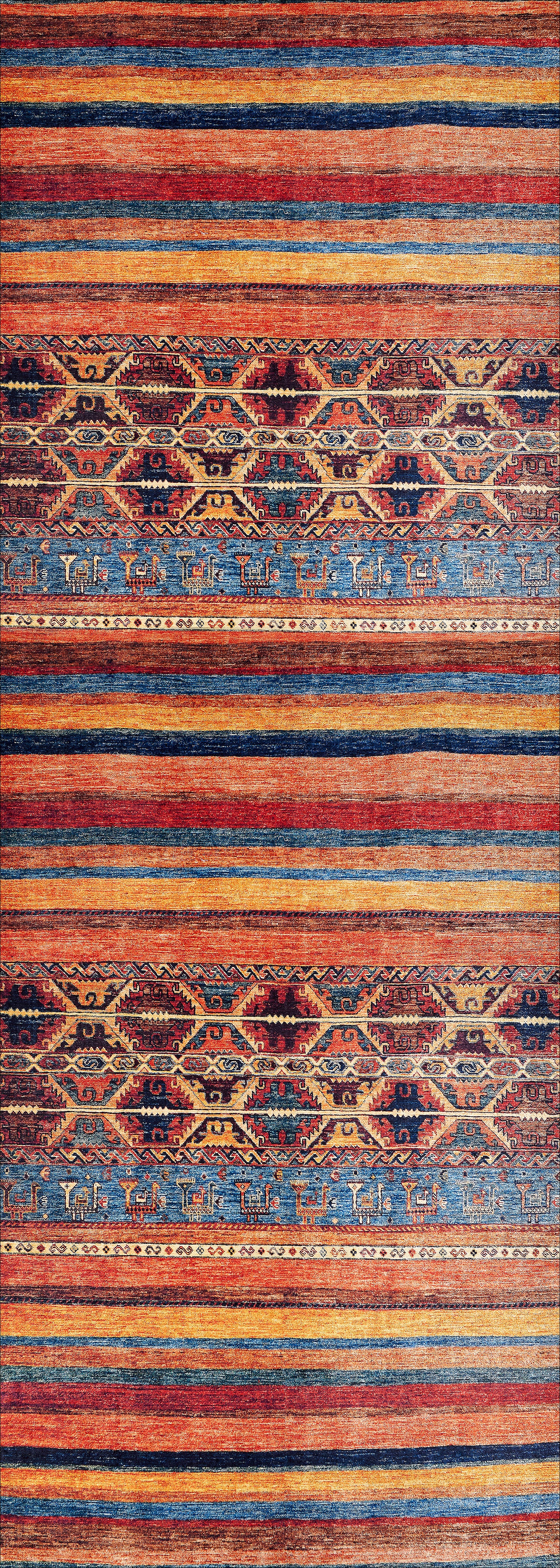 The Arctic Chill - Washable Rug - JR860 boasts vibrant horizontal stripes in red, orange, blue, and brown with geometric and animal motifs—ideal for stylishly enhancing and withstanding high-traffic spaces.
