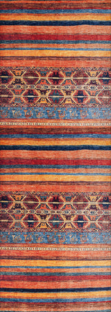 The Arctic Chill - Washable Rug - JR860 boasts vibrant horizontal stripes in red, orange, blue, and brown with geometric and animal motifs—ideal for stylishly enhancing and withstanding high-traffic spaces.