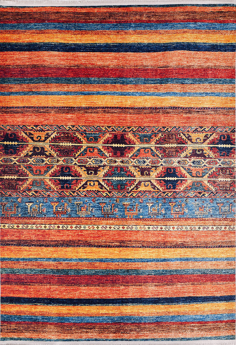 The Arctic Chill - Washable Rug - JR860 (Custom Size) features a Persian-inspired multicolor design with horizontal stripes and intricate geometric and animal motifs, perfect for adding charm to high-traffic areas.