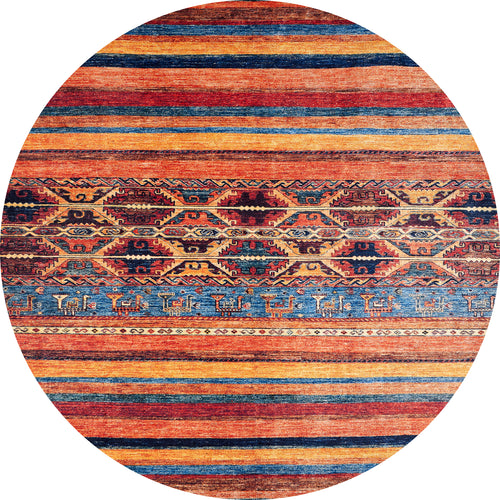 Load image 1 in gallery view. The Arctic Chill - Washable Rug - JR860 (Custom Size) is an oval, multicolor rug with horizontal stripes in red, orange, blue, and yellow. Geometric and animal patterns at the center make it stylish for high-traffic areas.