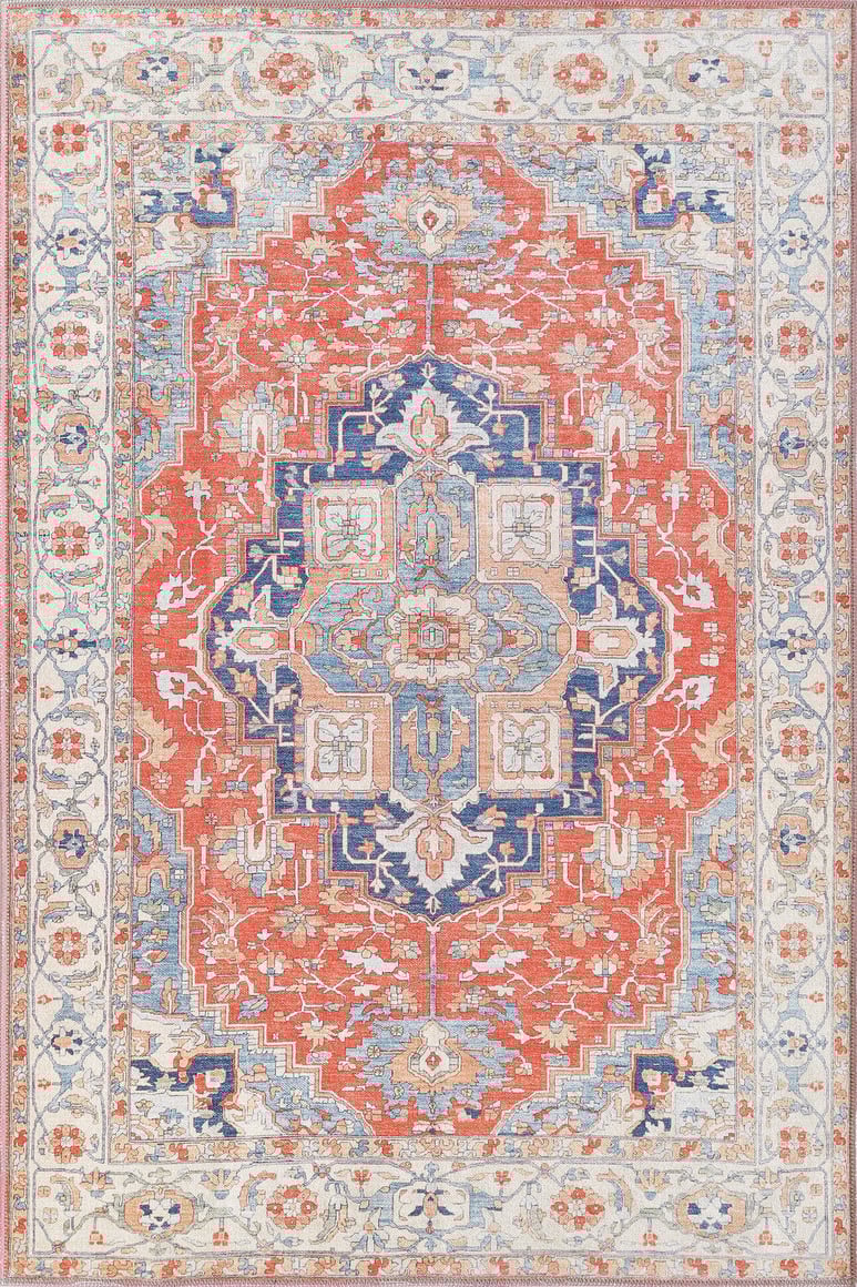 The Ardentis Medallion Washable Rug - LCC3002 features a striking multicolor medallion centerpiece with red, blue, and cream tones in intricate floral and geometric patterns, plus a detailed border for added elegance.