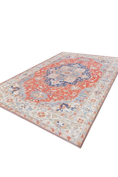 Load image 1 in gallery view. The Ardentis Medallion Washable Rug - LCC3002 (Outlet) US is a rectangular flat weave with an intricate floral pattern, red center, blue and ivory accents, and an ivory border with multicolor motifs, shown angled on a white background.