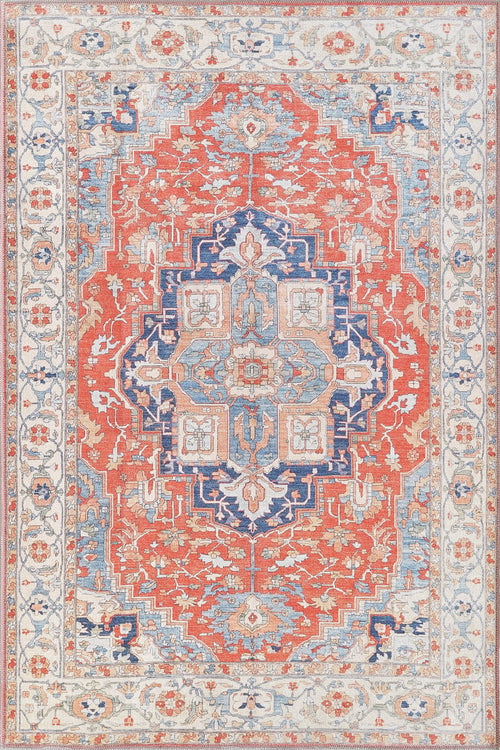 Bild 1 in Galerieansicht laden. The Ardentis Medallion Washable Rug - LCC3002 (Custom Size) features a large red central medallion, intricate floral motifs, and blue, beige, and white accents framed by a detailed patterned border.