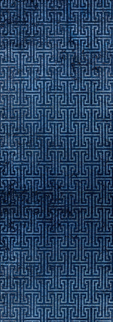The Art Deco Elegance - Washable Rug - JR1224 features a blue geometric maze-like design with interlocking lines, creating an intricate and symmetrical look—ideal for high-traffic areas.