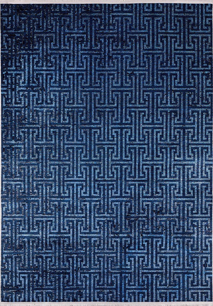 Art Deco Elegance - Washable Rug - JR1224 (Custom Size) features a geometric maze-like pattern in blue shades and is perfect for high-traffic areas, combining stylish design with durable softness for your space.