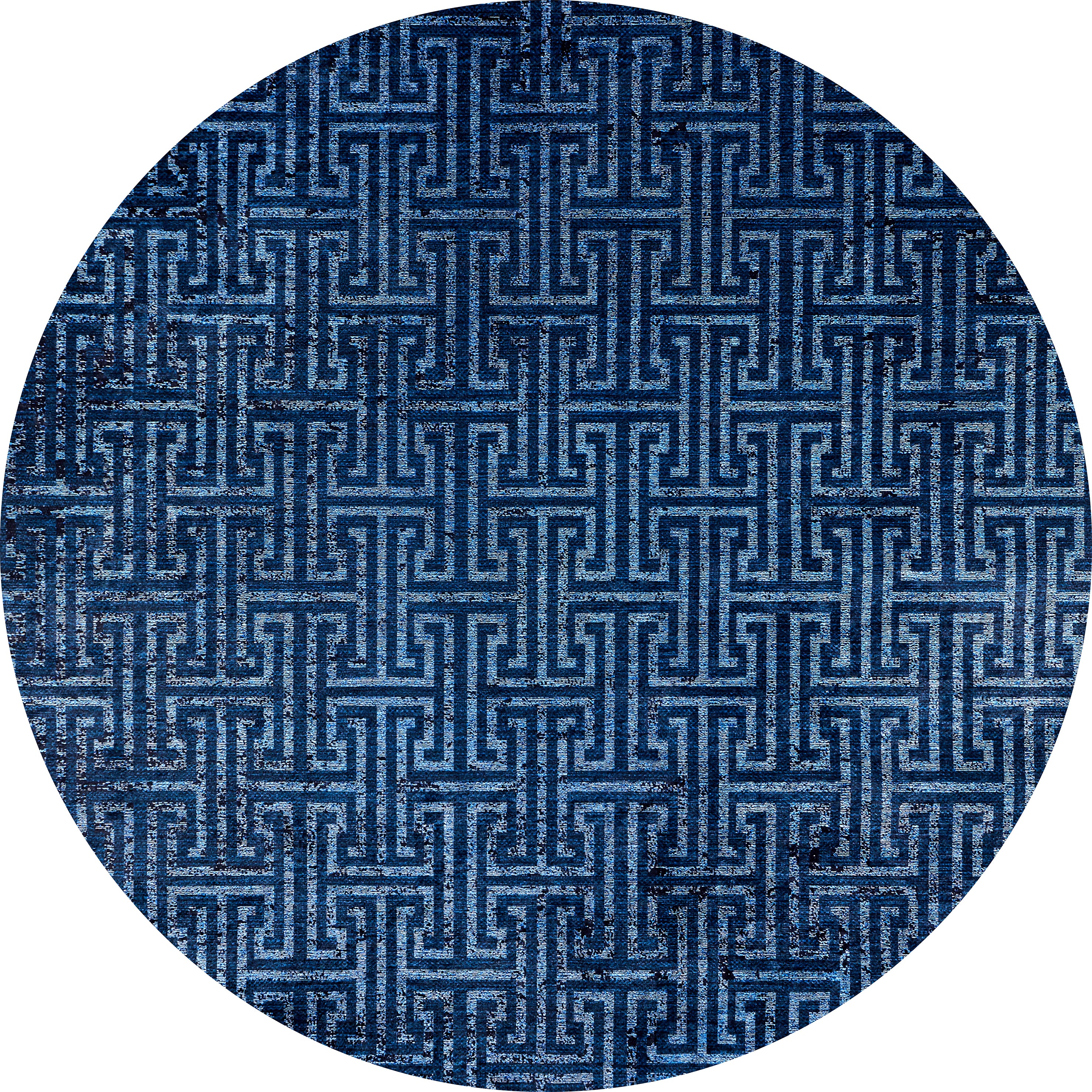 The Art Deco Elegance - Washable Rug - JR1224 (Custom Size) features a round blue surface with geometric maze-like patterns and interlocking rectangles, offering a modern, textured look—ideal for high-traffic areas and easy to clean.