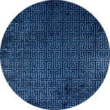 The Art Deco Elegance - Washable Rug - JR1224 (Custom Size) features a round blue surface with geometric maze-like patterns and interlocking rectangles, offering a modern, textured look—ideal for high-traffic areas and easy to clean.