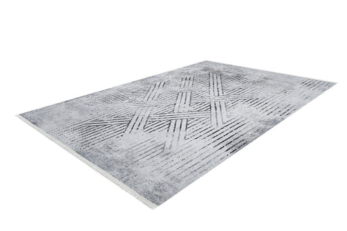 Load image 1 in gallery view. The Art Deco Empress - Washable Rug - JR1867 (Custom Size) is a rectangular gray-anthracite rug featuring an abstract geometric pattern of overlapping lines and subtle shading, shown on a white background.