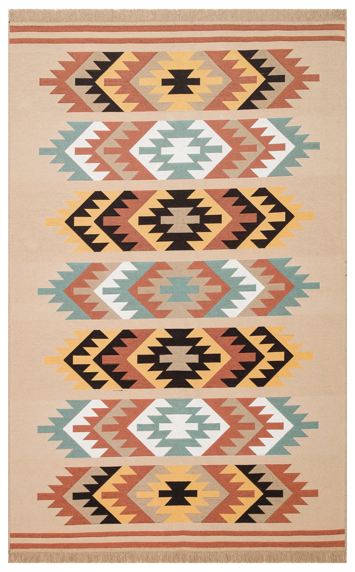 The Artisan Mesh - Washable Double-Sided Kilims - AR39 is a rectangular, multicolour rug with a beige background, black, yellow, rust, green and white geometric pattern inspired by Southwestern design, finished with short fringes on both ends.