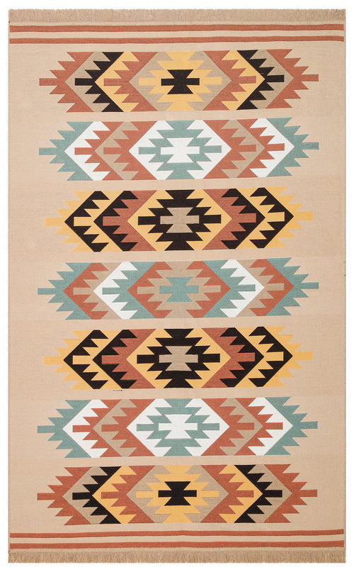 Load image 1 in gallery view. The Artisan Mesh - Washable Reversible Kilims - AR39 is a rectangular, multicolour rug with a beige background, black, yellow, rust, green and white geometric pattern inspired by Southwestern design, finished with short fringes on both ends.